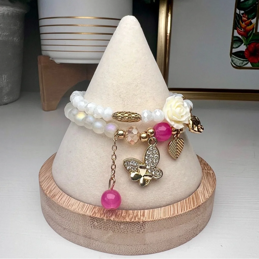 Elegant Gold White Pink Charm Stretch Bracelet Butterfly Heart Flower Elephant